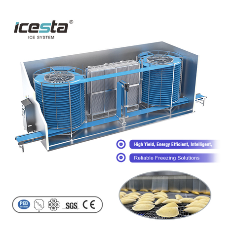 ICESTA Factory Price Low Consumption High Efficiency Iqf Machine Beef Fish Automatic Industrial Double Spiral Belt Freezer