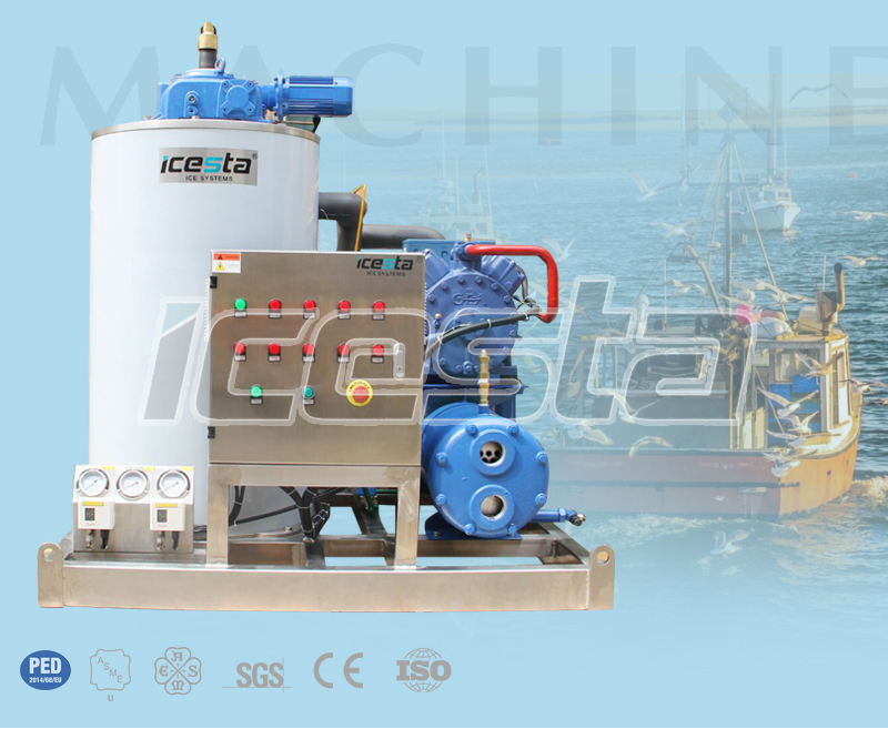 Seawater flake ice machines for seafaring vessels