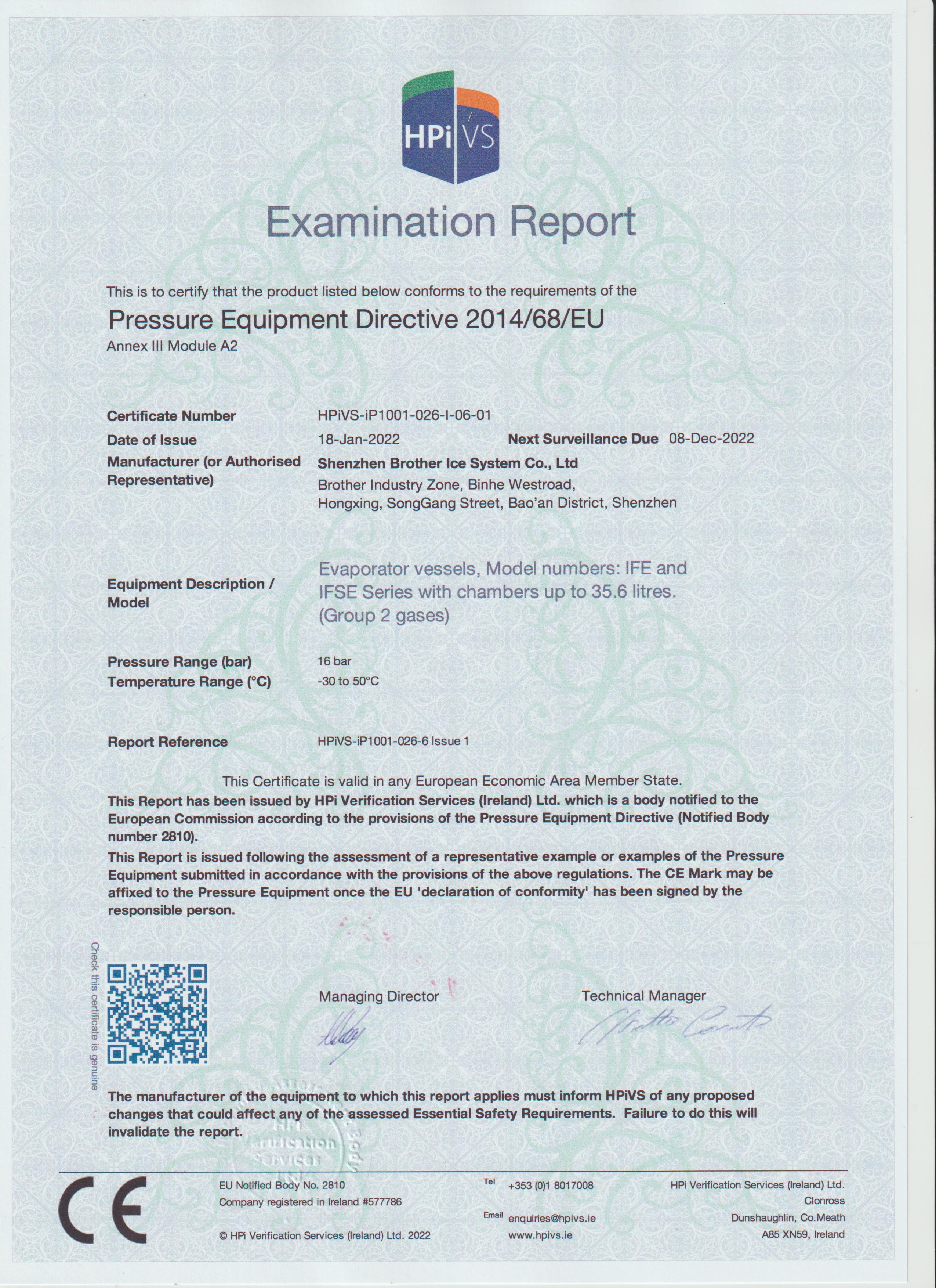 ICESTA Flake ice evaporator PED certificate